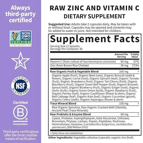 Garden of Life Zinkpräparat 30 mg hochdosiert – Rohzink & Vitamin C Multimineral-Komplex mit Vitamin Code Vitaminen, Spurenelementen & Probiotika für Haut & Immunsystem, 60 vegane Kapseln