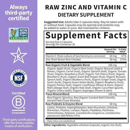 Garden of Life Zinkpräparat 30 mg hochdosiert – Rohzink & Vitamin C Multimineral-Komplex mit Vitamin Code Vitaminen, Spurenelementen & Probiotika für Haut & Immunsystem, 60 vegane Kapseln