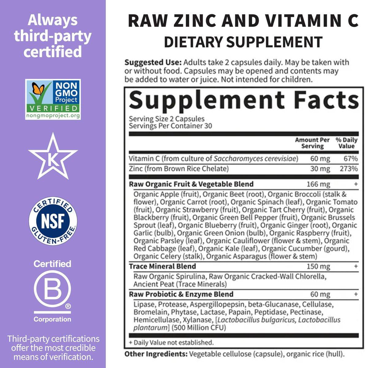 Garden of Life Zinkpräparat 30 mg hochdosiert – Rohzink & Vitamin C Multimineral-Komplex mit Vitamin Code Vitaminen, Spurenelementen & Probiotika für Haut & Immunsystem, 60 vegane Kapseln