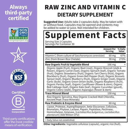 Garden of Life Zinkpräparat 30 mg hochdosiert – Rohzink & Vitamin C Multimineral-Komplex mit Vitamin Code Vitaminen, Spurenelementen & Probiotika für Haut & Immunsystem, 60 vegane Kapseln