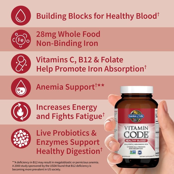Garden of Life Vitamin Code Healthy Blood – Eisenpräparat für Frauen, 60 vegane Kapseln, mit B-Vitaminen, Vitamin C, Spurenelementen, Obst & Gemüse, Probiotika – für Energie und Unterstützung bei Anämie