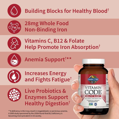 Garden of Life Vitamin Code Healthy Blood – Eisenpräparat für Frauen, 60 vegane Kapseln, mit B-Vitaminen, Vitamin C, Spurenelementen, Obst & Gemüse, Probiotika – für Energie und Unterstützung bei Anämie