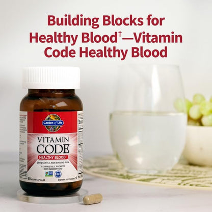 Garden of Life Vitamin Code Healthy Blood – Eisenpräparat für Frauen, 60 vegane Kapseln, mit B-Vitaminen, Vitamin C, Spurenelementen, Obst & Gemüse, Probiotika – für Energie und Unterstützung bei Anämie