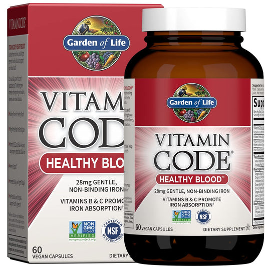 Garden of Life Vitamin Code Healthy Blood – Eisenpräparat für Frauen, 60 vegane Kapseln, mit B-Vitaminen, Vitamin C, Spurenelementen, Obst & Gemüse, Probiotika – für Energie und Unterstützung bei Anämie