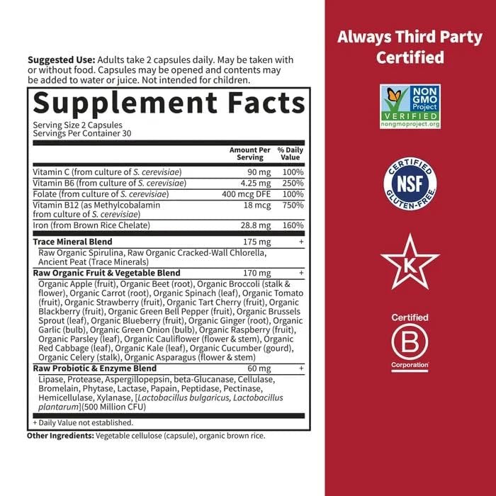 Garden of Life Vitamin Code Healthy Blood – Eisenpräparat für Frauen, 60 vegane Kapseln, mit B-Vitaminen, Vitamin C, Spurenelementen, Obst & Gemüse, Probiotika – für Energie und Unterstützung bei Anämie