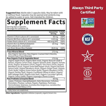 Garden of Life Vitamin Code Healthy Blood – Eisenpräparat für Frauen, 60 vegane Kapseln, mit B-Vitaminen, Vitamin C, Spurenelementen, Obst & Gemüse, Probiotika – für Energie und Unterstützung bei Anämie