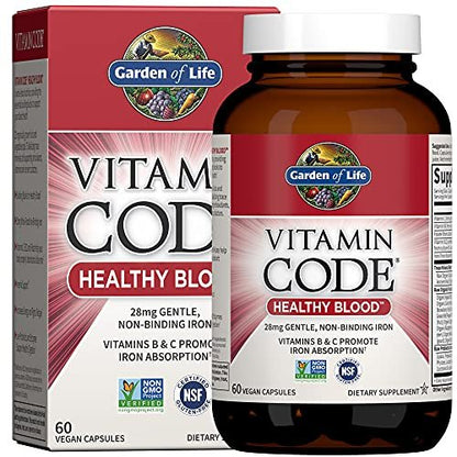Garden of Life Vitamin Code Healthy Blood – Eisenpräparat für Frauen, 60 vegane Kapseln, mit B-Vitaminen, Vitamin C, Spurenelementen, Obst & Gemüse, Probiotika – für Energie und Unterstützung bei Anämie