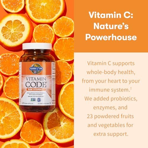 Garden of Life Vitamin Code Raw Vitamin C – 120 Kapseln, 500 mg Vollwert-Vitamin C mit Obst- und Gemüsemischung & Probiotika, vegan & glutenfrei