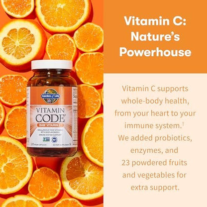Garden of Life Vitamin Code Raw Vitamin C – 120 Kapseln, 500 mg Vollwert-Vitamin C mit Obst- und Gemüsemischung & Probiotika, vegan & glutenfrei