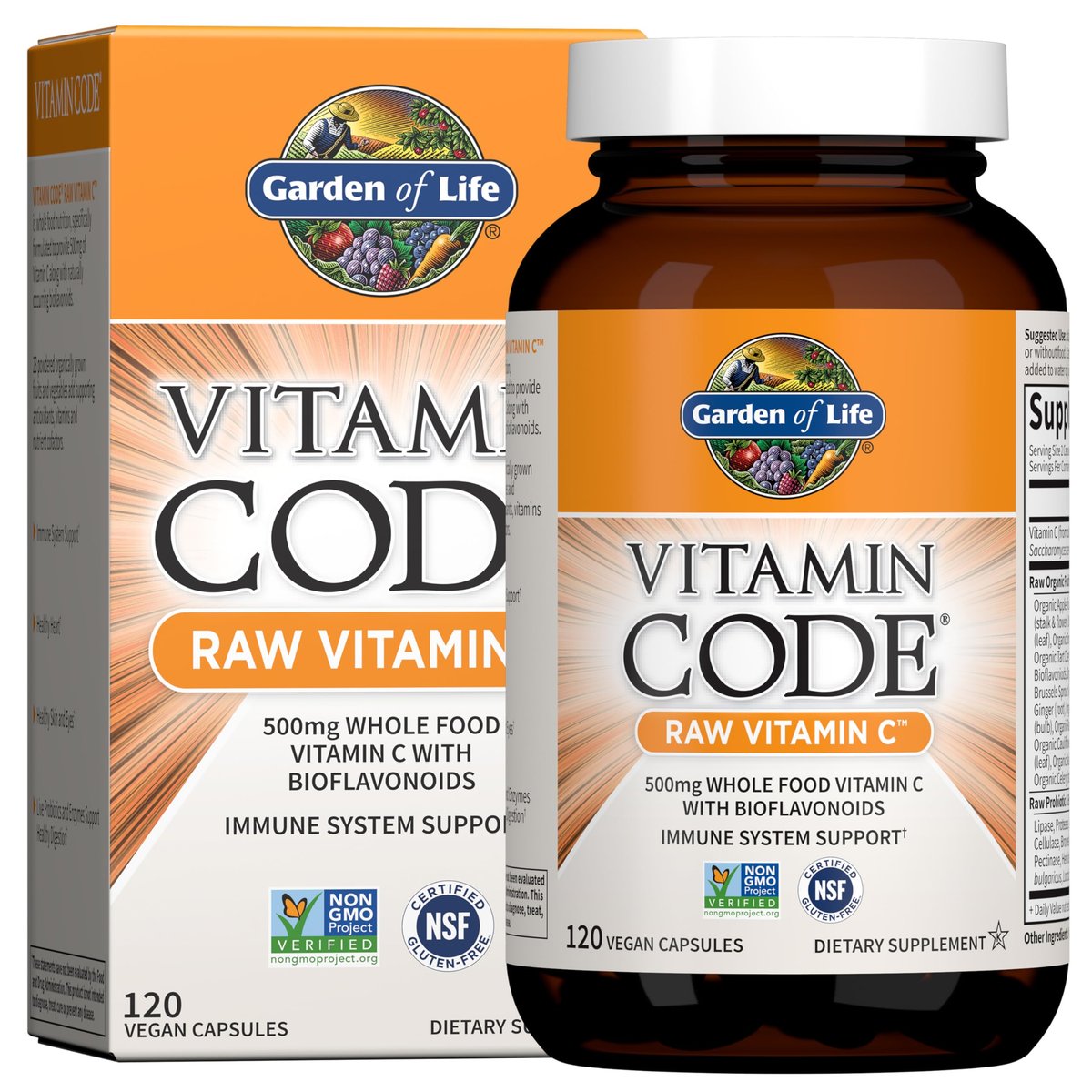 Garden of Life Vitamin Code Raw Vitamin C – 120 Kapseln, 500 mg Vollwert-Vitamin C mit Obst- und Gemüsemischung & Probiotika, vegan & glutenfrei