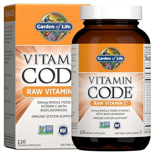 Garden of Life Vitamin Code Raw Vitamin C – 120 Kapseln, 500 mg Vollwert-Vitamin C mit Obst- und Gemüsemischung & Probiotika, vegan & glutenfrei