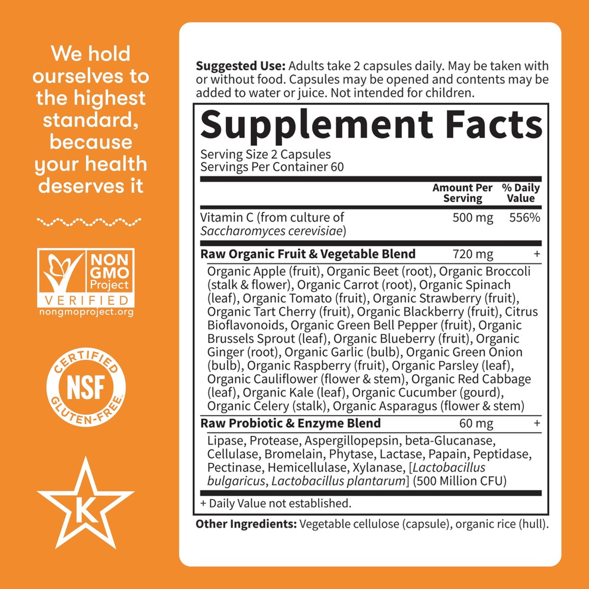 Garden of Life Vitamin Code Raw Vitamin C – 120 Kapseln, 500 mg Vollwert-Vitamin C mit Obst- und Gemüsemischung & Probiotika, vegan & glutenfrei