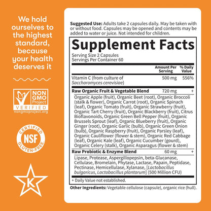 Garden of Life Vitamin Code Raw Vitamin C – 120 Kapseln, 500 mg Vollwert-Vitamin C mit Obst- und Gemüsemischung & Probiotika, vegan & glutenfrei