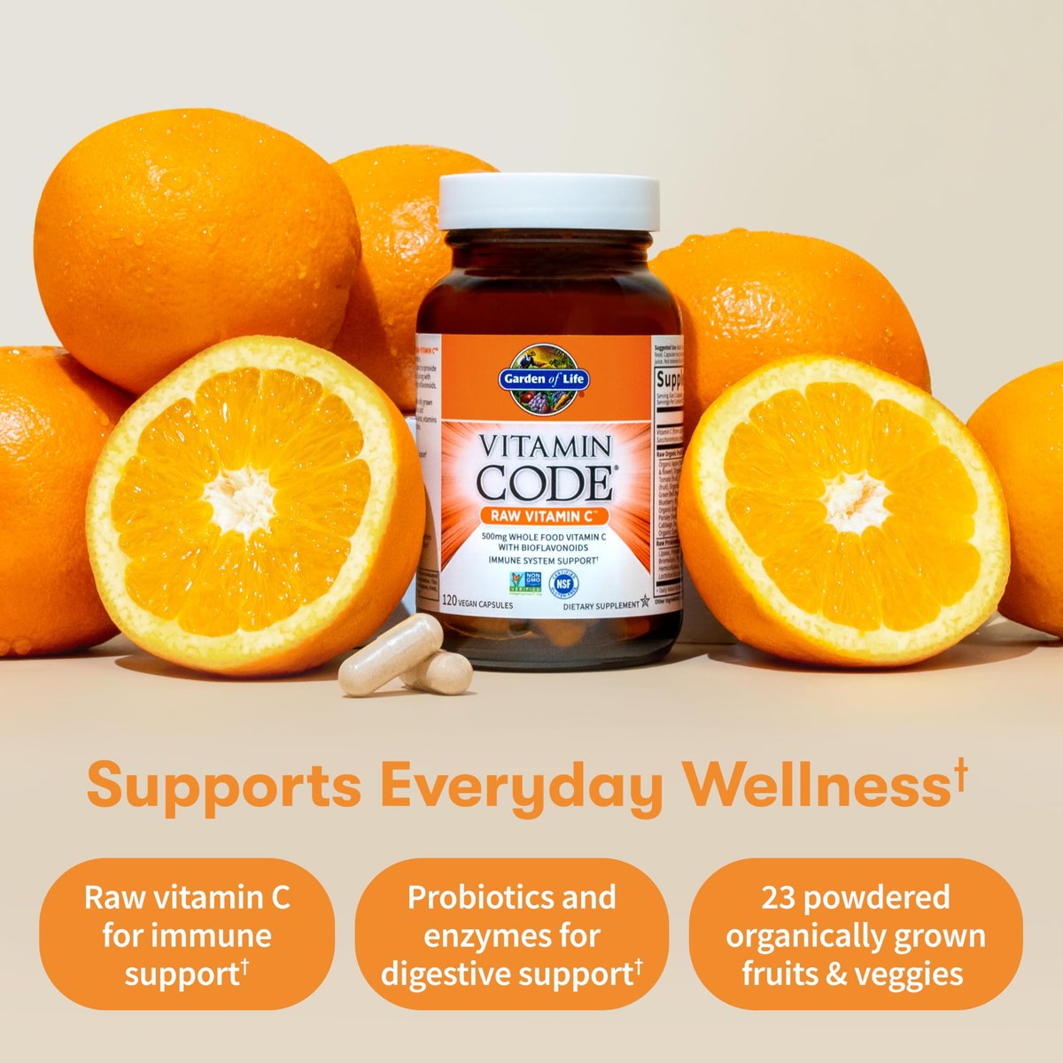 Garden of Life Vitamin Code Raw Vitamin C – 120 Kapseln, 500 mg Vollwert-Vitamin C mit Obst- und Gemüsemischung & Probiotika, vegan & glutenfrei