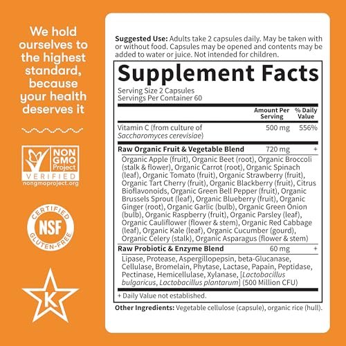 Garden of Life Vitamin Code Raw Vitamin C – 120 Kapseln, 500 mg Vollwert-Vitamin C mit Obst- und Gemüsemischung & Probiotika, vegan & glutenfrei