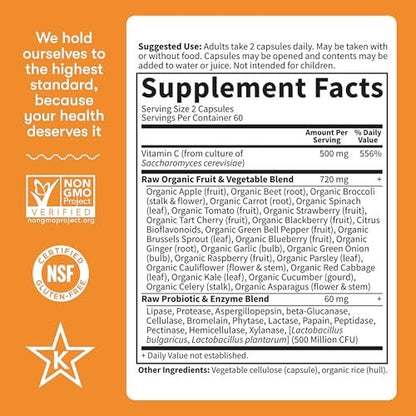 Garden of Life Vitamin Code Raw Vitamin C – 120 Kapseln, 500 mg Vollwert-Vitamin C mit Obst- und Gemüsemischung & Probiotika, vegan & glutenfrei