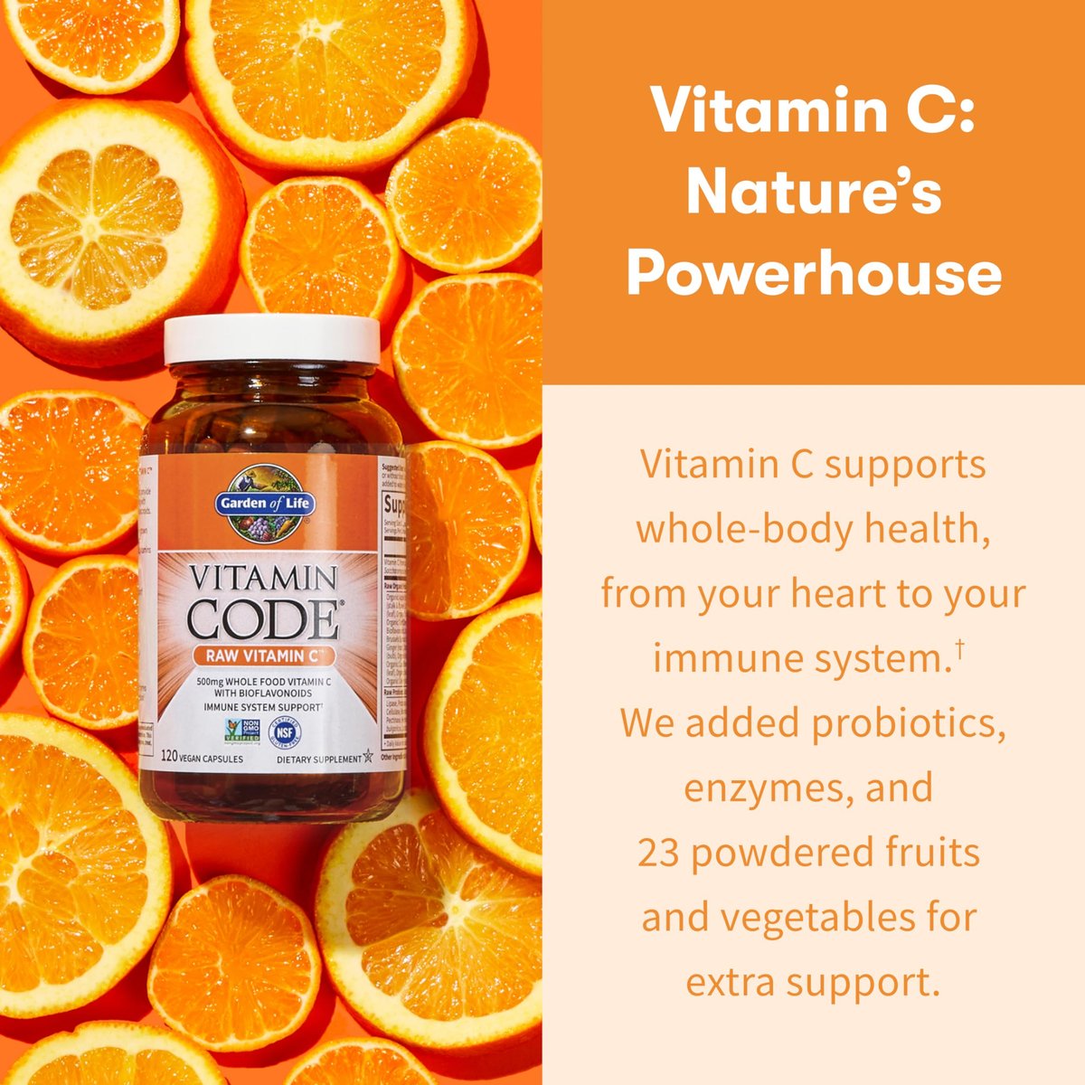 Garden of Life Vitamin Code Raw Vitamin C – 120 Kapseln, 500 mg Vollwert-Vitamin C mit Obst- und Gemüsemischung & Probiotika, vegan & glutenfrei