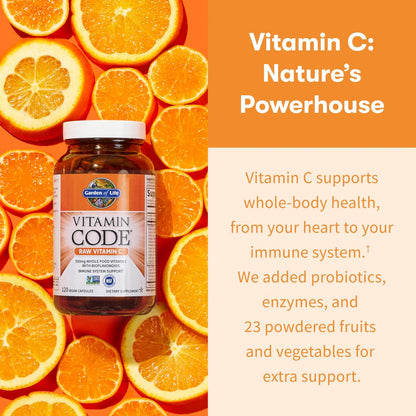 Garden of Life Vitamin Code Raw Vitamin C – 120 Kapseln, 500 mg Vollwert-Vitamin C mit Obst- und Gemüsemischung & Probiotika, vegan & glutenfrei