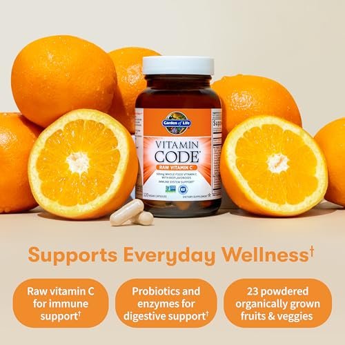 Garden of Life Vitamin Code Raw Vitamin C – 120 Kapseln, 500 mg Vollwert-Vitamin C mit Obst- und Gemüsemischung & Probiotika, vegan & glutenfrei