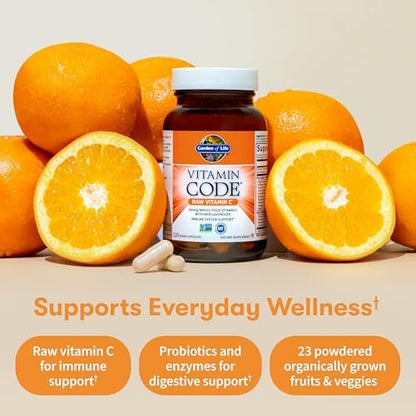 Garden of Life Vitamin Code Raw Vitamin C – 120 Kapseln, 500 mg Vollwert-Vitamin C mit Obst- und Gemüsemischung & Probiotika, vegan & glutenfrei