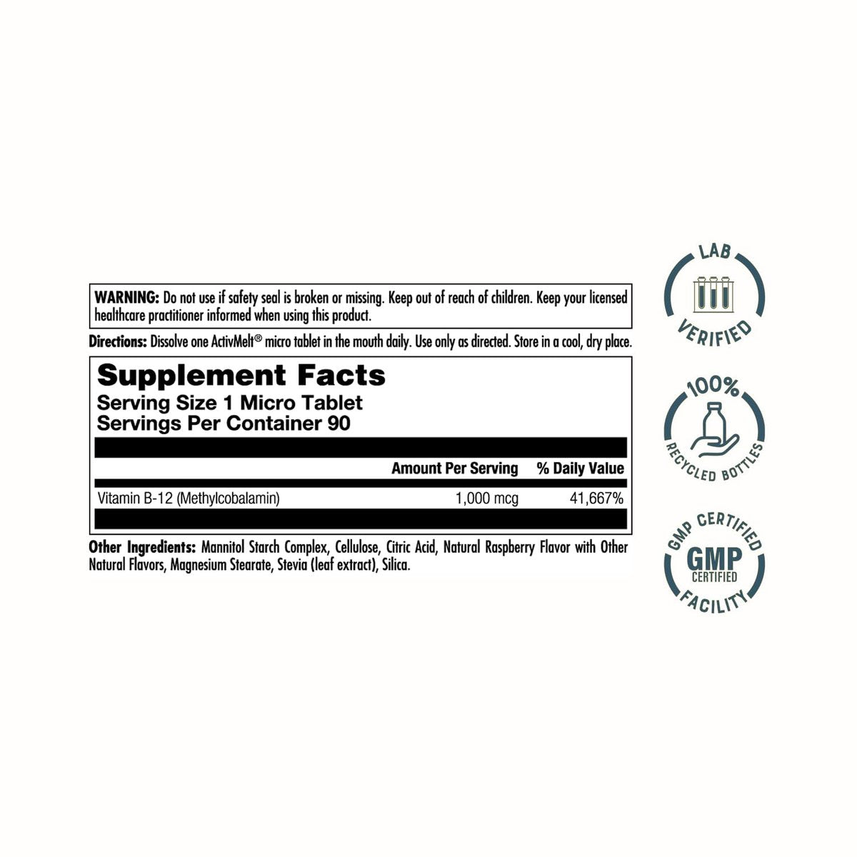 KAL Vitamin B12 Methylcobalamin 1000mcg – Schnell lösliche ActivMelt Mikrotabletten für Energie, Stoffwechsel und Nervenunterstützung, natürlicher Himbeergeschmack, 90 Tabletten