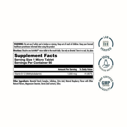 KAL Vitamin B12 Methylcobalamin 1000mcg – Schnell lösliche ActivMelt Mikrotabletten für Energie, Stoffwechsel und Nervenunterstützung, natürlicher Himbeergeschmack, 90 Tabletten