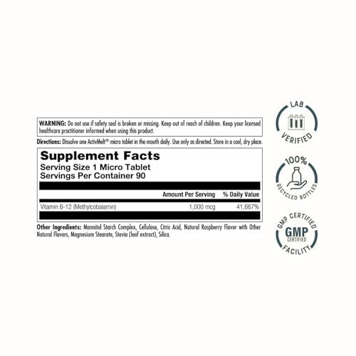 KAL Vitamin B12 Methylcobalamin 1000mcg – Schnell lösliche ActivMelt Mikrotabletten für Energie, Stoffwechsel und Nervenunterstützung, natürlicher Himbeergeschmack, 90 Tabletten