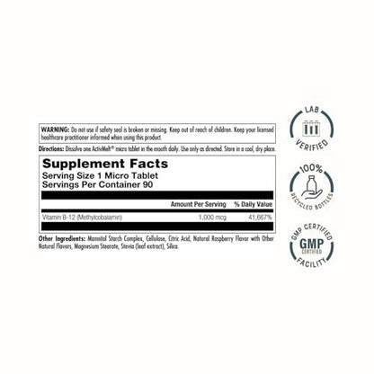 KAL Vitamin B12 Methylcobalamin 1000mcg – Schnell lösliche ActivMelt Mikrotabletten für Energie, Stoffwechsel und Nervenunterstützung, natürlicher Himbeergeschmack, 90 Tabletten