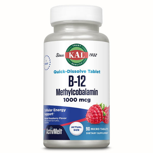 KAL Vitamin B12 Methylcobalamin 1000mcg – Schnell lösliche ActivMelt Mikrotabletten für Energie, Stoffwechsel und Nervenunterstützung, natürlicher Himbeergeschmack, 90 Tabletten