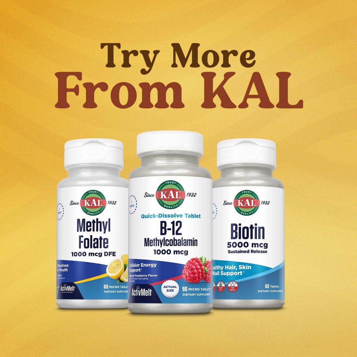 KAL Vitamin B12 Methylcobalamin 1000mcg – Schnell lösliche ActivMelt Mikrotabletten für Energie, Stoffwechsel und Nervenunterstützung, natürlicher Himbeergeschmack, 90 Tabletten
