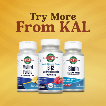 KAL Vitamin B12 Methylcobalamin 1000mcg – Schnell lösliche ActivMelt Mikrotabletten für Energie, Stoffwechsel und Nervenunterstützung, natürlicher Himbeergeschmack, 90 Tabletten