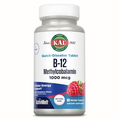 KAL Vitamin B12 Methylcobalamin 1000mcg – Schnell lösliche ActivMelt Mikrotabletten für Energie, Stoffwechsel und Nervenunterstützung, natürlicher Himbeergeschmack, 90 Tabletten