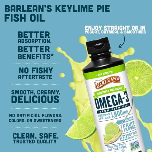 Barlean's Omega 3 Fischöl flüssig für Männer und Frauen, 1500 mg EPA und DHA, fördert Gehirn- und Herzgesundheit – Nicht-GVO, Key Lime Pie, 237 ml