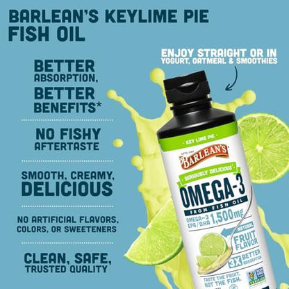 Barlean's Omega 3 Fischöl flüssig für Männer und Frauen, 1500 mg EPA und DHA, fördert Gehirn- und Herzgesundheit – Nicht-GVO, Key Lime Pie, 237 ml