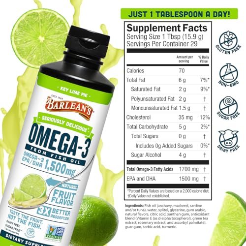 Barlean's Omega 3 Fischöl flüssig für Männer und Frauen, 1500 mg EPA und DHA, fördert Gehirn- und Herzgesundheit – Nicht-GVO, Key Lime Pie, 237 ml