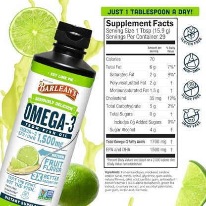 Barlean's Omega 3 Fischöl flüssig für Männer und Frauen, 1500 mg EPA und DHA, fördert Gehirn- und Herzgesundheit – Nicht-GVO, Key Lime Pie, 237 ml