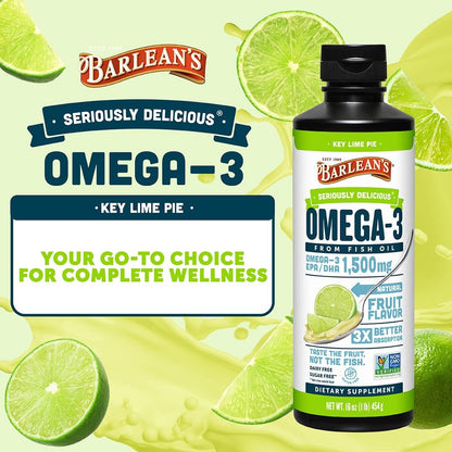 Barlean's Omega 3 Fischöl flüssig für Männer und Frauen, 1500 mg EPA und DHA, fördert Gehirn- und Herzgesundheit – Nicht-GVO, Key Lime Pie, 237 ml