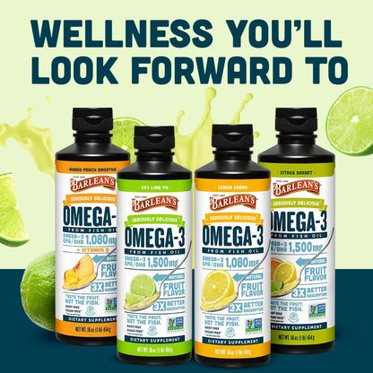 Barlean's Omega 3 Fischöl flüssig für Männer und Frauen, 1500 mg EPA und DHA, fördert Gehirn- und Herzgesundheit – Nicht-GVO, Key Lime Pie, 237 ml