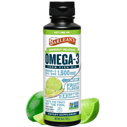 Barlean's Omega 3 Fischöl flüssig für Männer und Frauen, 1500 mg EPA und DHA, fördert Gehirn- und Herzgesundheit – Nicht-GVO, Key Lime Pie, 237 ml