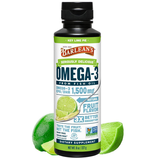 Barlean's Omega 3 Fischöl flüssig für Männer und Frauen, 1500 mg EPA und DHA, fördert Gehirn- und Herzgesundheit – Nicht-GVO, Key Lime Pie, 237 ml