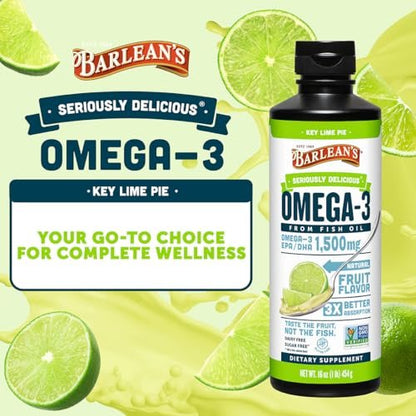 Barlean's Omega 3 Fischöl flüssig für Männer und Frauen, 1500 mg EPA und DHA, fördert Gehirn- und Herzgesundheit – Nicht-GVO, Key Lime Pie, 237 ml