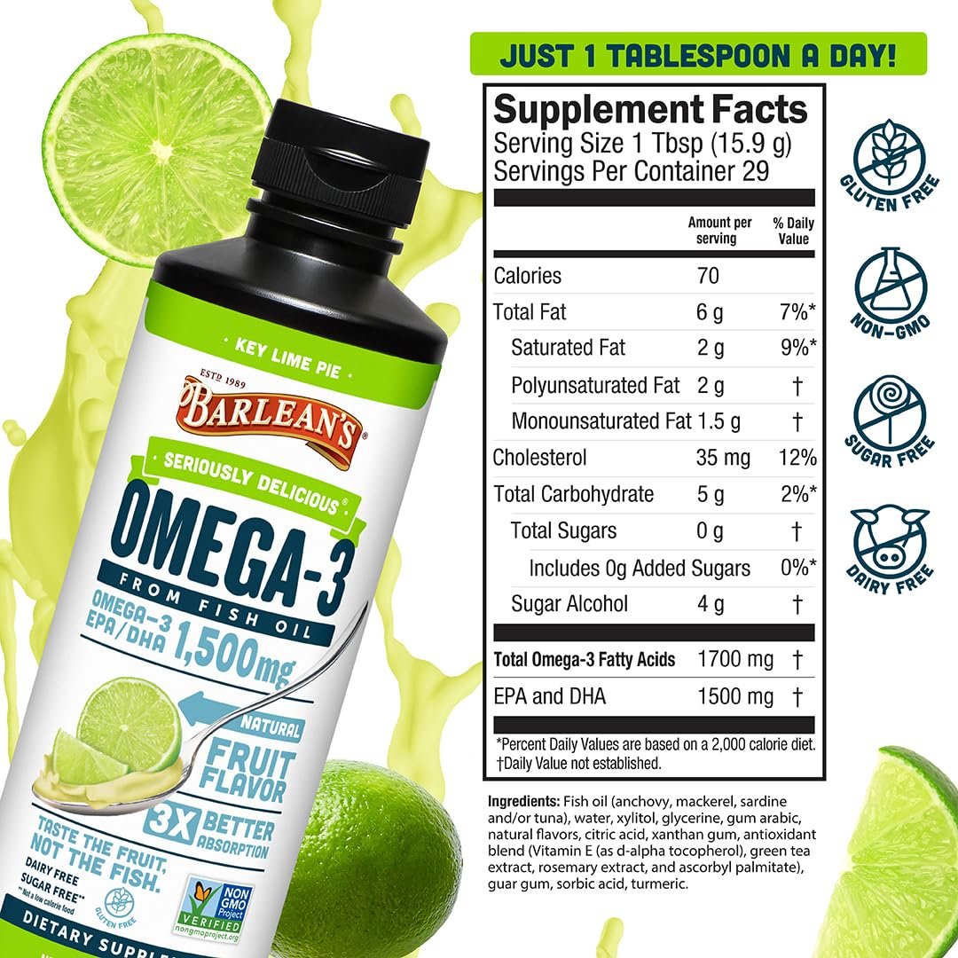 Barlean's Omega 3 Fischöl flüssig für Männer und Frauen, 1500 mg EPA und DHA, fördert Gehirn- und Herzgesundheit – Nicht-GVO, Key Lime Pie, 237 ml