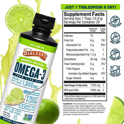 Barlean's Omega 3 Fischöl flüssig für Männer und Frauen, 1500 mg EPA und DHA, fördert Gehirn- und Herzgesundheit – Nicht-GVO, Key Lime Pie, 237 ml