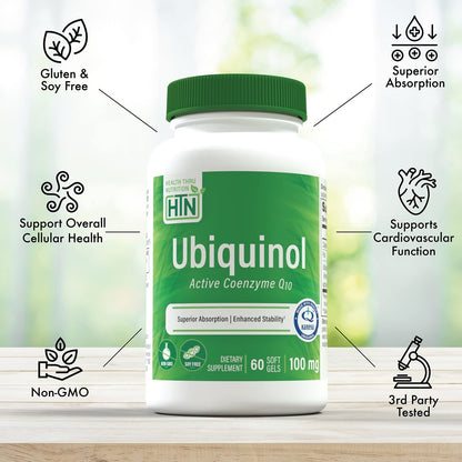 Health Thru Nutrition Ubiquinol 100mg – 60 Softgels als Kaneka QH reduziertes CoQ-10 | Stabilisiert, drittgeprüft, verbesserte Bioverfügbarkeit | Unterstützt Herz-Kreislauf- und Mitochondrienfunktion | Nicht-GVO