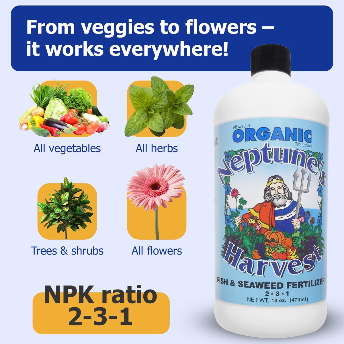 Neptune's Harvest Fisch- & Algendünger (2-3-1) - 510 ml Pint - Organischer Pflanzendünger für Gemüse, Blumen, Obst, Bäume & Rasen - Indoor & Outdoor