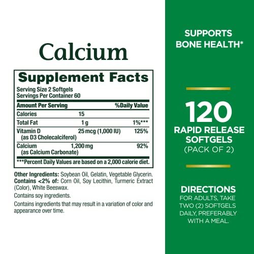 Nature's Bounty Calcium 1200 mg mit Vitamin D3 – Knochengesundheit Weichkapseln, Kalzium- und Vitamin-D-Ergänzung, 240 Stück (2er-Pack)