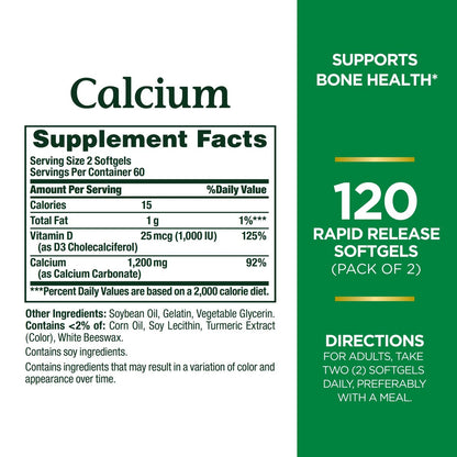 Nature's Bounty Calcium 1200 mg mit Vitamin D3 – Knochengesundheit Weichkapseln, Kalzium- und Vitamin-D-Ergänzung, 240 Stück (2er-Pack)