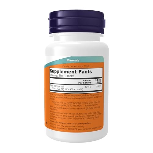 NOW Foods Zink 50 mg (Zinkgluconat) – 100 Tabletten, unterstützt Enzymfunktionen und Immunsystem