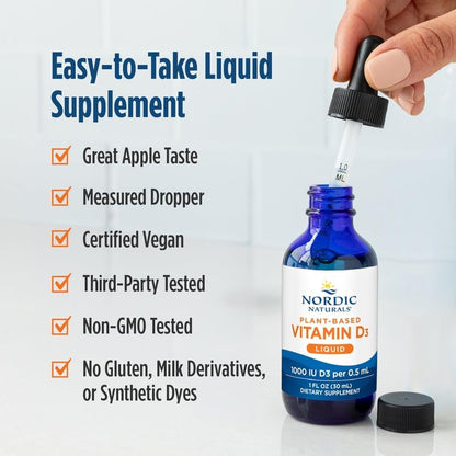 Nordic Naturals Pflanzliches Vitamin D3 Liquid - 1 oz - 1000 IE Vitamin D3 - Für gesunde Knochen, Stimmung & Immunsystem - Non-GMO, Vegan - 60 Portionen