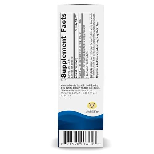 Nordic Naturals Pflanzliches Vitamin D3 Liquid - 1 oz - 1000 IE Vitamin D3 - Für gesunde Knochen, Stimmung & Immunsystem - Non-GMO, Vegan - 60 Portionen